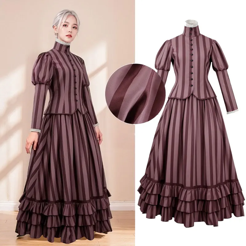 

Corpse Bride Victoria Everglot Cosplay Costume Victoria Striped Gothic Dress Halloween Party Adult Women Strips Dress Suit