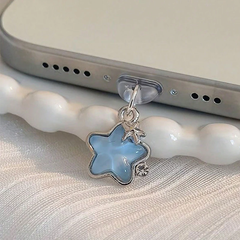 Tapón antipolvo con forma de estrella de diamante para mujer, enchufe de puerto de carga a la moda para iPhone tipo C, tapa de protección contra el polvo Micro USB, colgante para teléfono, regalo
