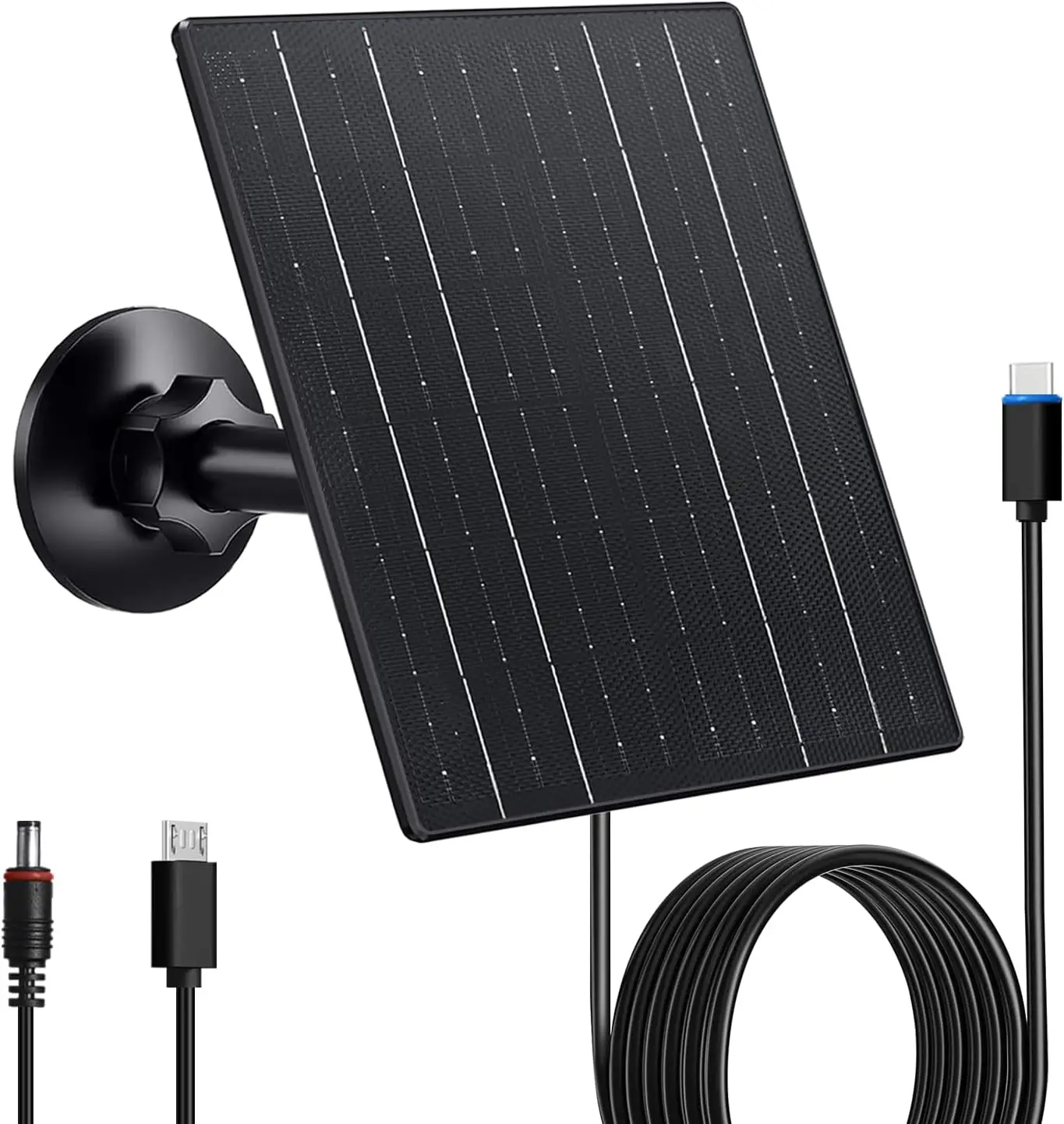

Солнечная панель 10 Вт для камер видеонаблюдения с портами USB-C/Micro USB/DC, водонепроницаемость IP66, 360° ° Регулируемое крепление и кабель длиной 7,2 фута