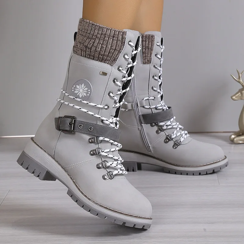 

Women Winter Snow Boots Buckle Lace Knitted Mid-calf Boots Low Heel Round Toe Boots Top Quality Warm Non-slip Botas De Mujer