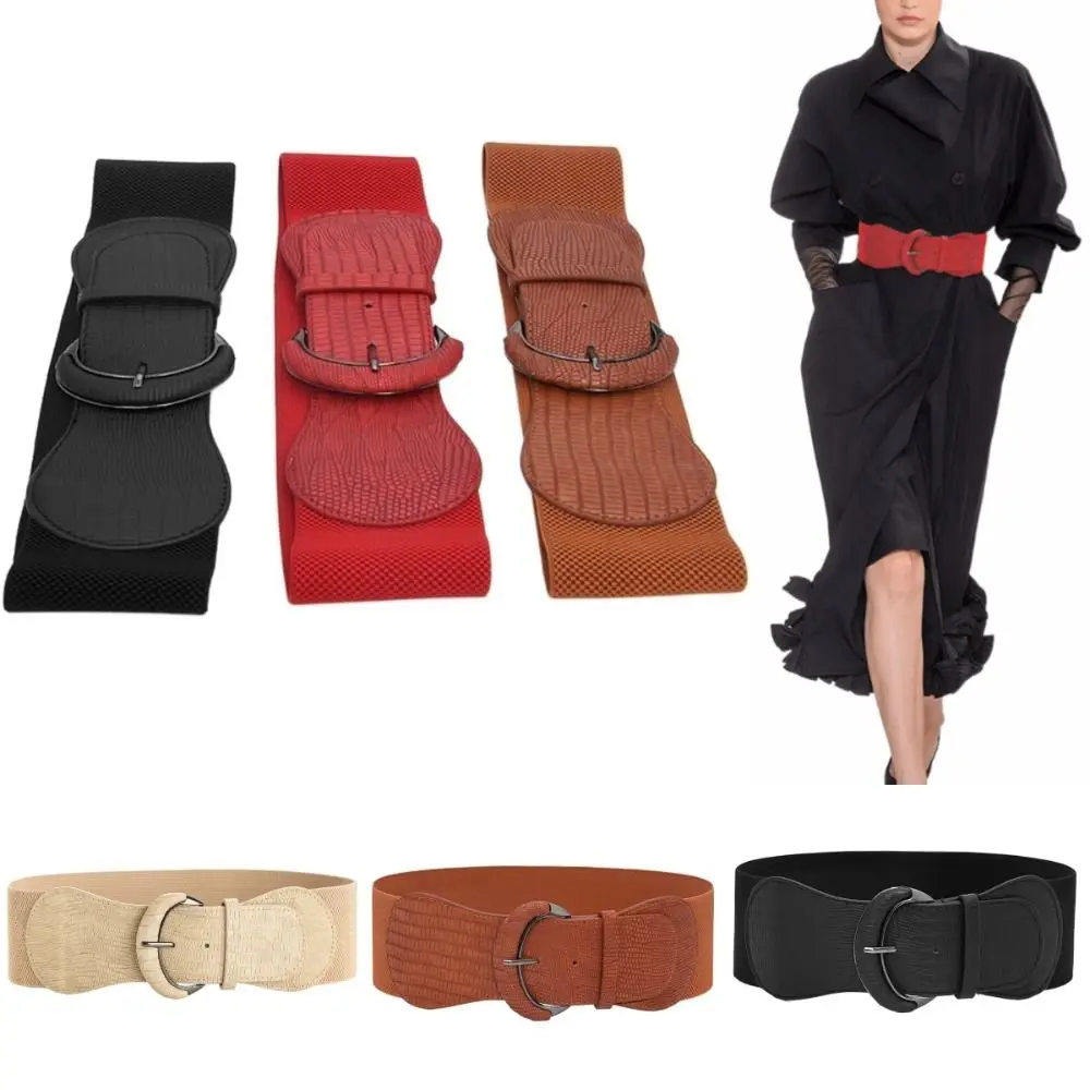 Bright Color PU Wide Belts Solid Color Trendy Design Pin Buckle Belt Chic Style Elegant Look Elastic Waistband Coat Accessory