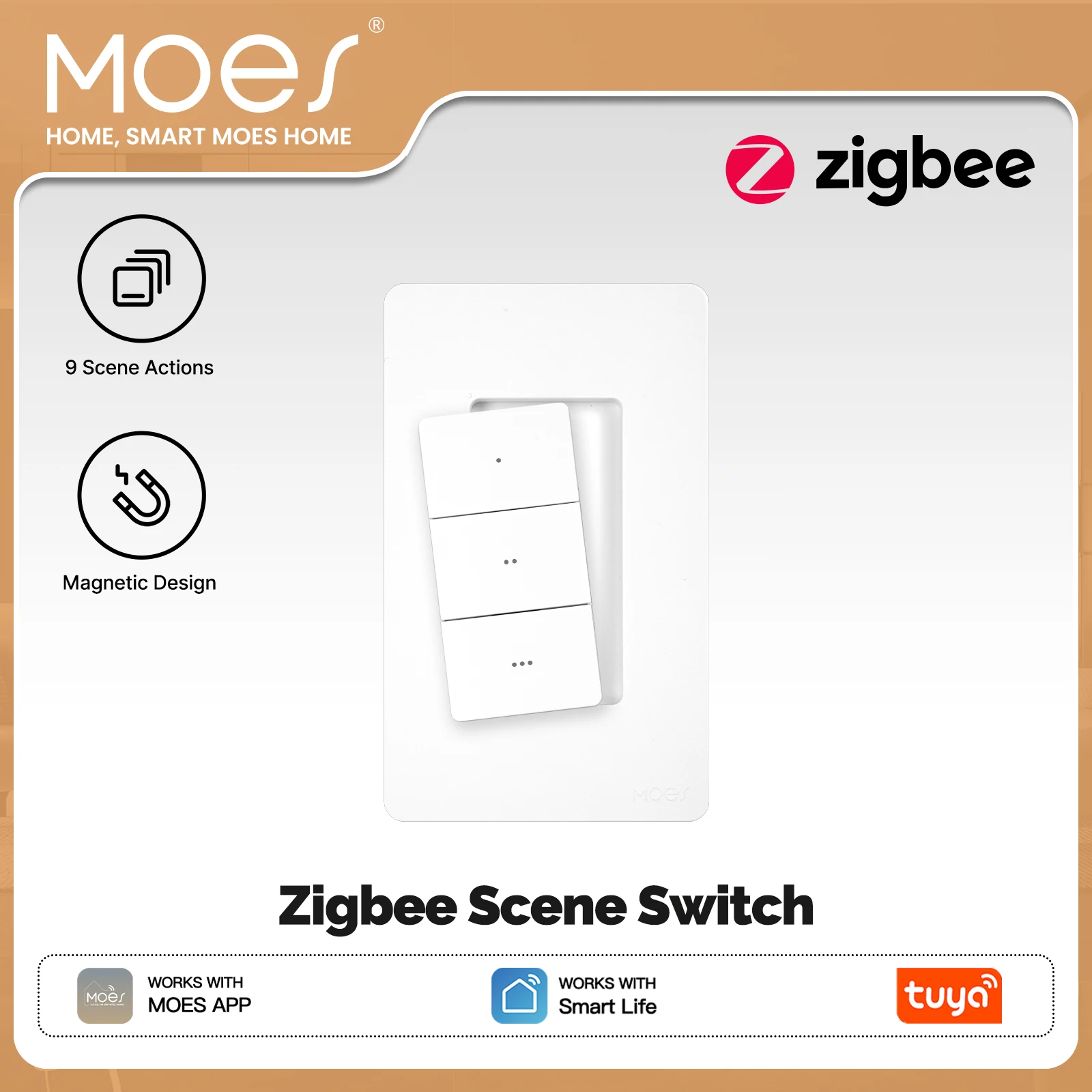 MOES Tuya Zigbee Smart Wireless Scene Switch 3 Gang 9 Scenarios Linkage Magnetic Design Handheld Push Button Control US Version