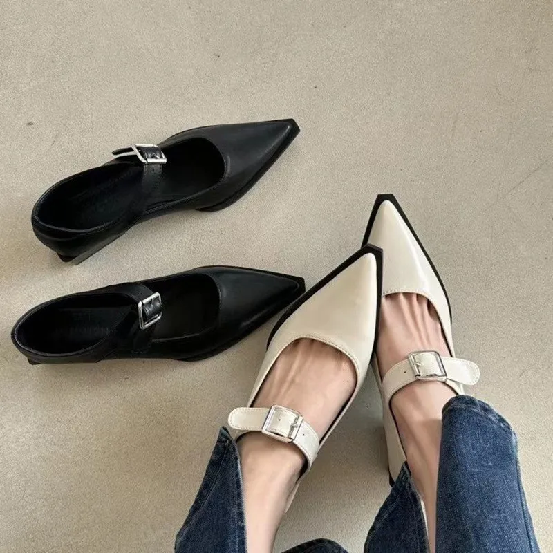 *Fashion Mary Jane Shoes Women's Spring and Autumn New Line Belt Buckle Medium Heel Small Leather Shoes To Wear