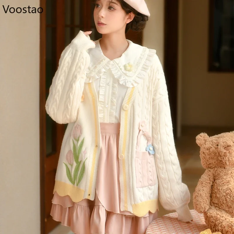 Mori Girl Style Sweet Knitted Cardigan Autumn Winter Women Kawaii Tulip Embroidery Sweater Coat Girls Cute Loose Knitwear Tops