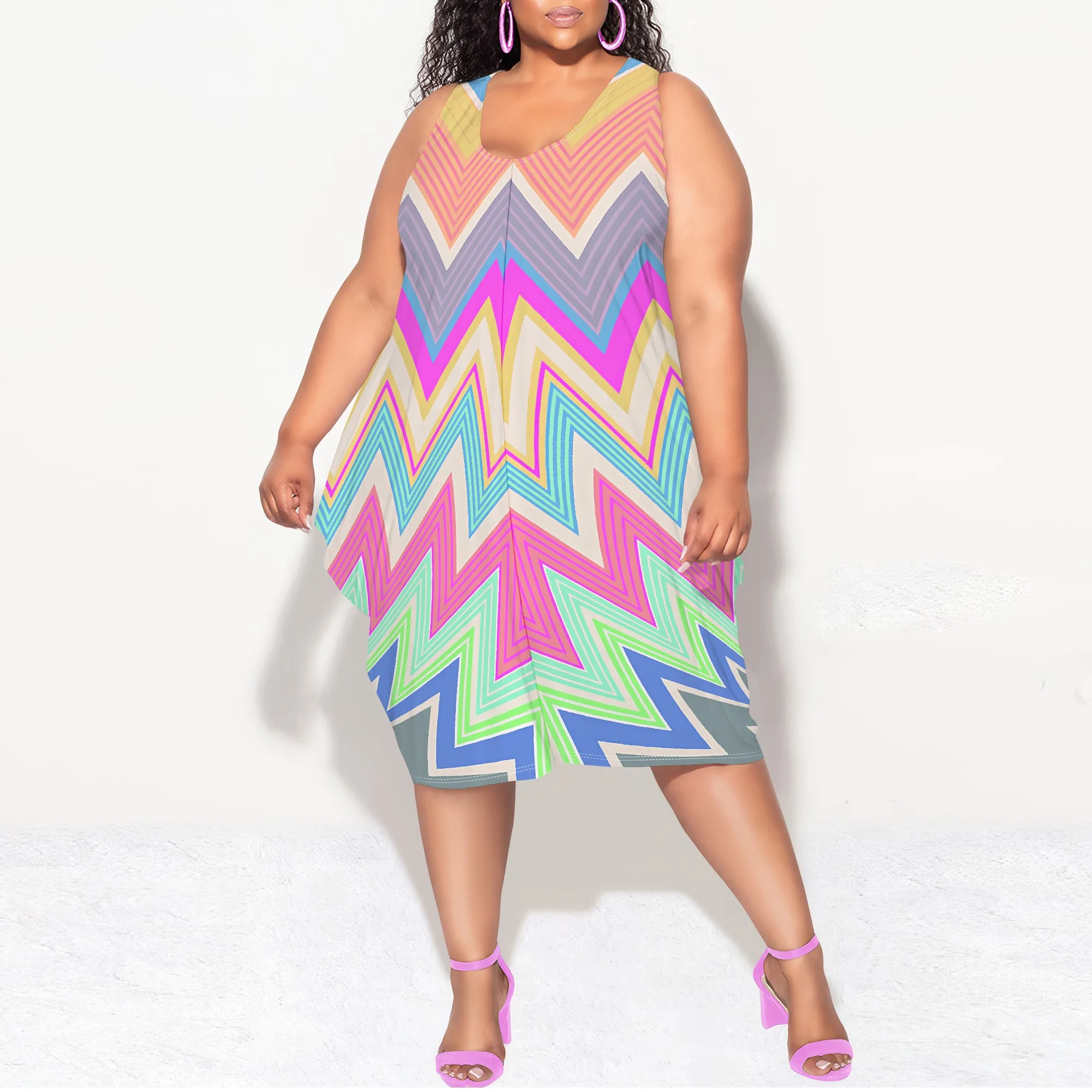 

Plus Size Women's Summer Fashion Printed Sleeveless Round Neck Midi Dress for Women Loose Casual Midi Dress With Belt
