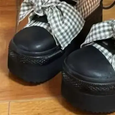 Black White Gingham Bow Knee High Platform Boots Frayed Plaid Cuff Fold Over Lace-Up Chunky Booties Cottage Lolita Sweet Boots