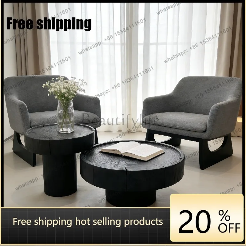 YJ Wabi Sabi Black Carbonized Wood Stump Coffee Table Solid Log Round Vintage Homestay Designer Japanese Tree Stool Furniture