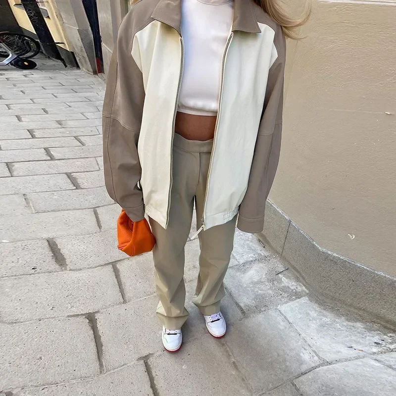 Solid Color Lapel Slim Fit Loose Coat Leather Women Street Autumn Ladies Faux Leather Jacket Ladies Long-sleeved Zipper PU Coat