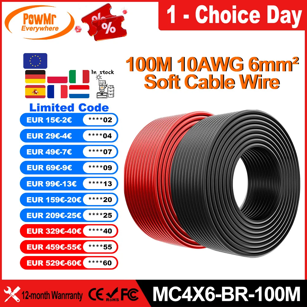 PowMr EU 100M 328FT Solar Power Cable 6mm² 10AWG Wire PV Photovoltaic Cable TUV Cable For PV Panels Connection Red Black Jacket