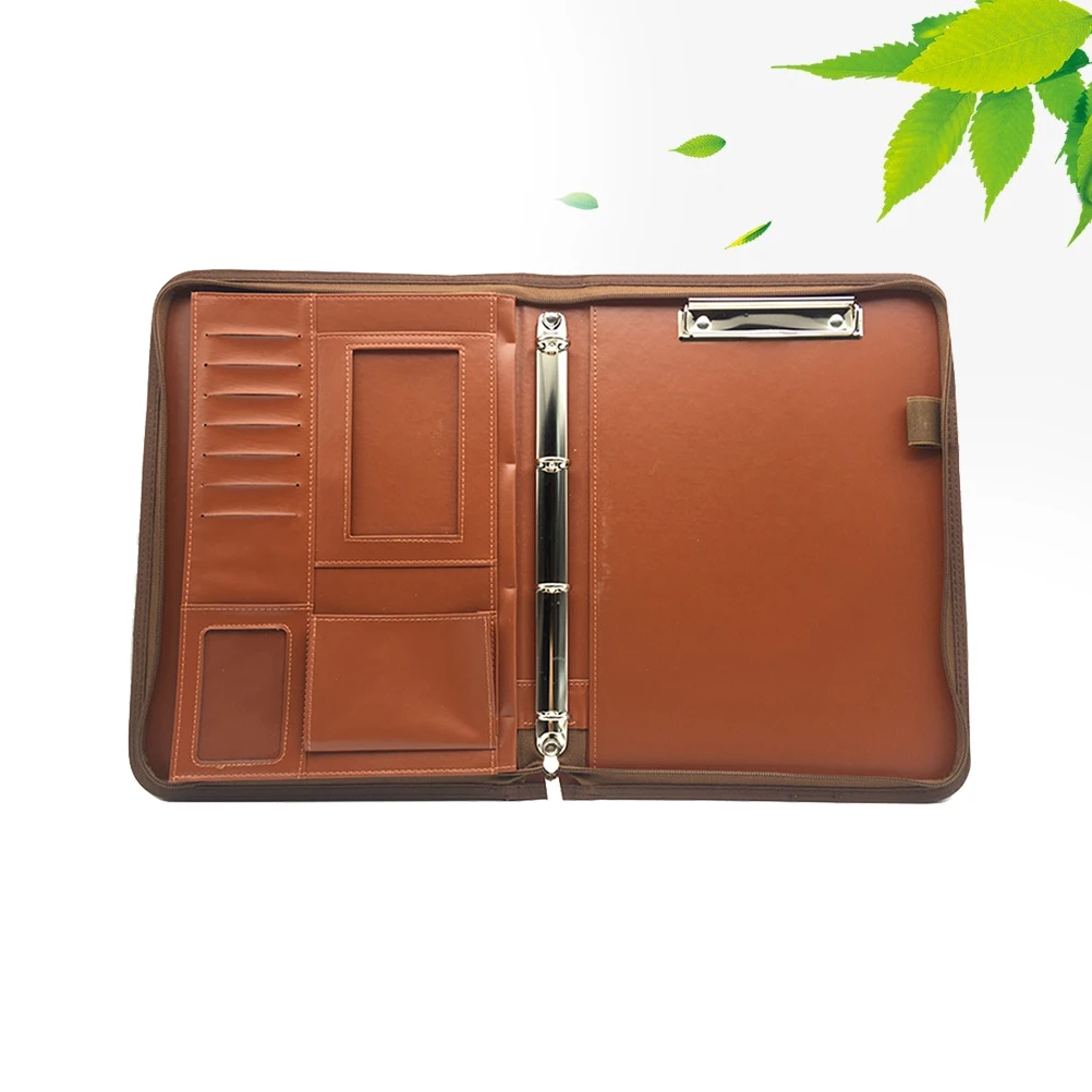 

Multifunctional Portfolio Folder Zipper Bag Brown Office Portable PU Calculator Pocket Design Business Storage Solution
