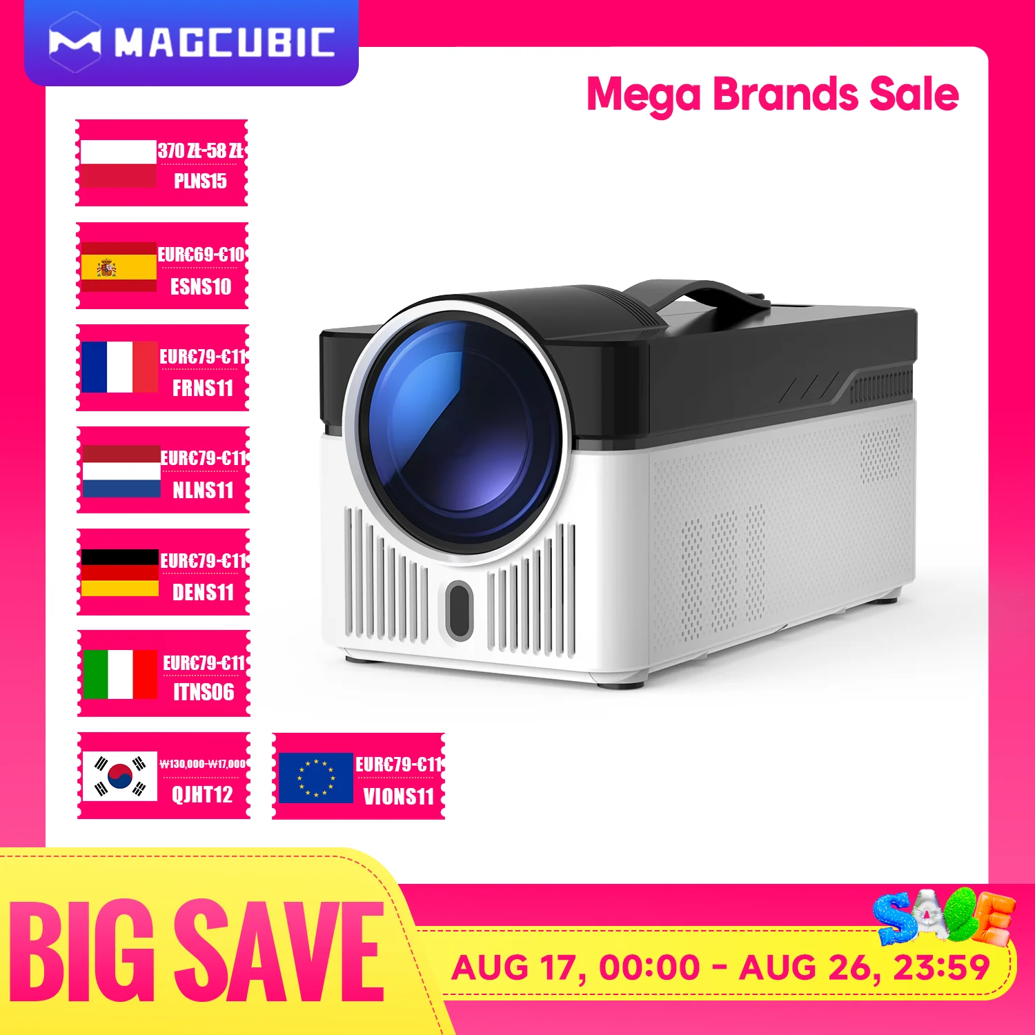 Magcubic Ultra-Kurzdistanzprojektor HY450 mit automatischer Offset-Korrektur, 1080p/8K-Auflösung, elektronischer Fokuseinstellung, 900 ANSI-Lumen, Wi-Fi 6, Bluetooth 5.4 und Sprachsteuerung.