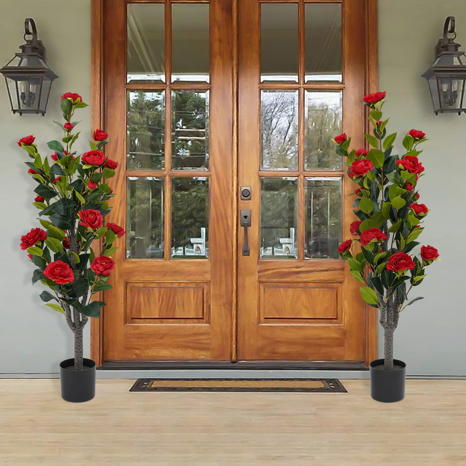 

Two Artificial Tea Rose Potted Plants With Red PE Simulation Tea Rose Tree 97cm For Indoor Decoration