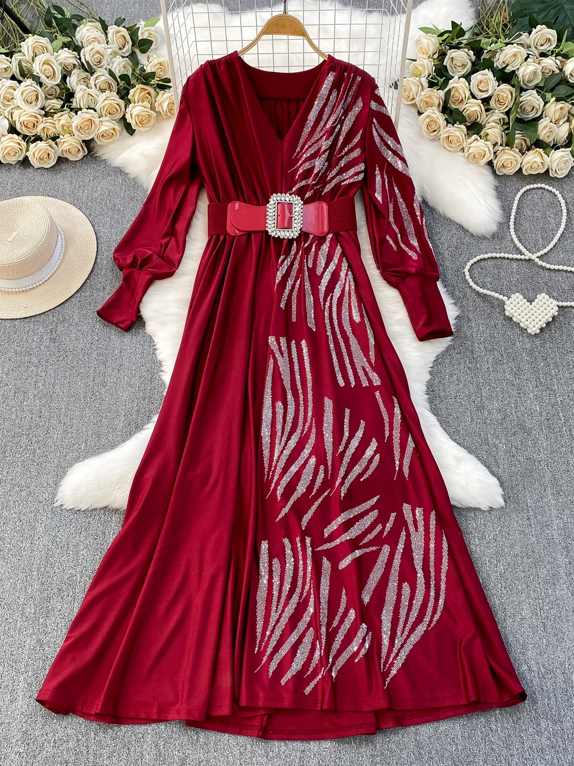 Ele V-ne Lantern Sve Long Dr Vestido de mujer de cintura alta con adornos de diamantes y adelgazamiento Dr Fall Faion