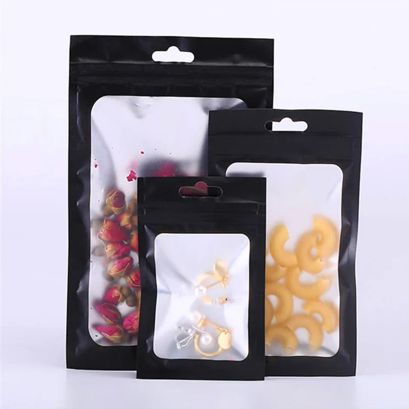 

100PCS Matte Black Aluminum Foil Window Zipper Bag DIY Flat Snack Child Toys Wedding Gifts Phonecell Hardware Hanging Pouches