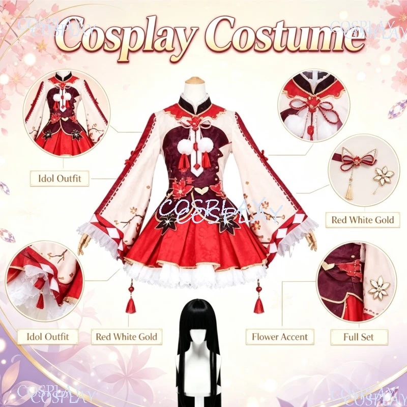 Japanese Kimono Kawaii Y2K Red Dress Long Wigs Kurosawa Dia Red Leaves Costume Halloween Cosplay Anime Game LoveLive!Sunshine!!
