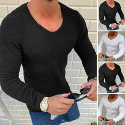 Autumn and Winter Mens Sweater Slim V-neck Tight Double Velvet Solid Color Warm Mens Sweater