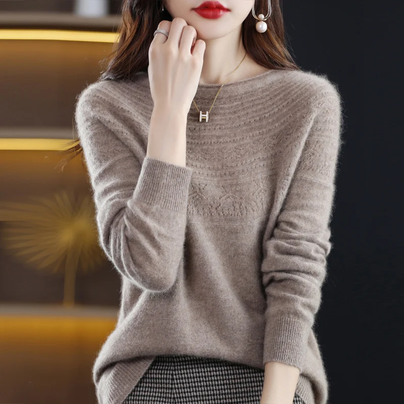 New autumn and winter 100% wool first-line ready-to-wear hollow women\'s pullover O-neck cashmere sweater knitted solid color