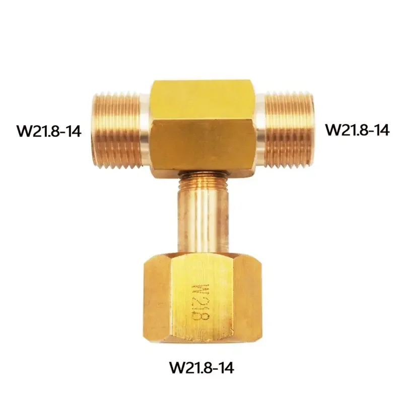 A06RP W21.8-14 CO2 Tank Bottle Brass Threaded Tee Fitting 3 Way Connector Charging Fill Adaptor for Beer Homebrew Aquarium