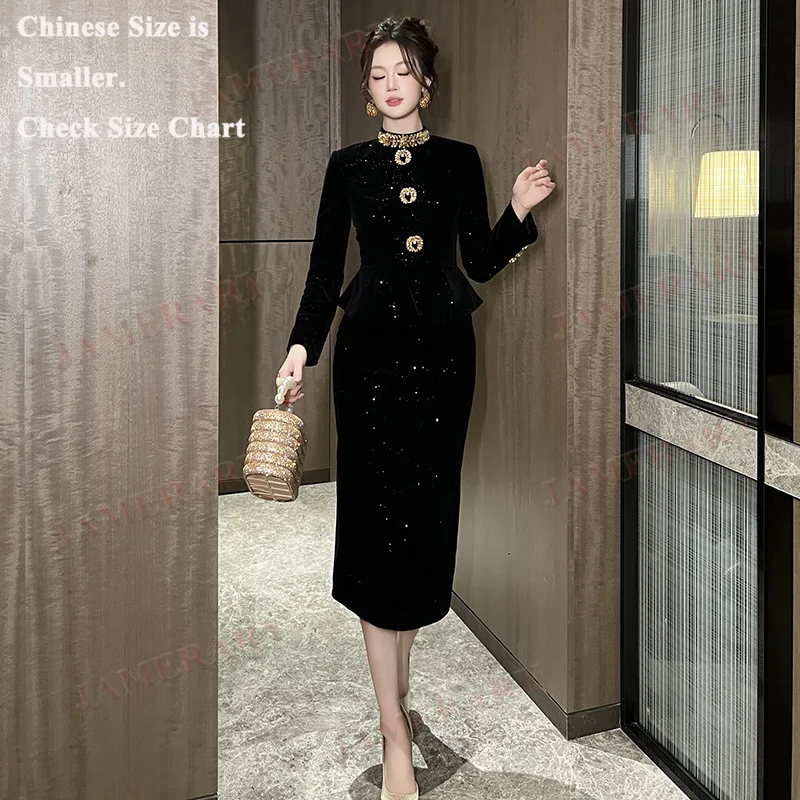 Retro Autumn Velvet Dresses Women Hepburn Style Beading Vintage Long Sheath Dress Office Lady Brand Runway Winter Clothing