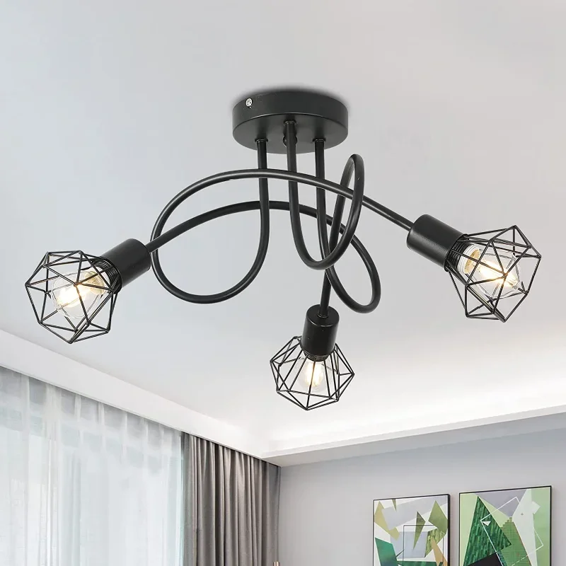 Modern LED Chandelier Ceiling Hanging 3 Heads Black Grille Wrought Iron Droplight for Bedroom Lighting for Living Room