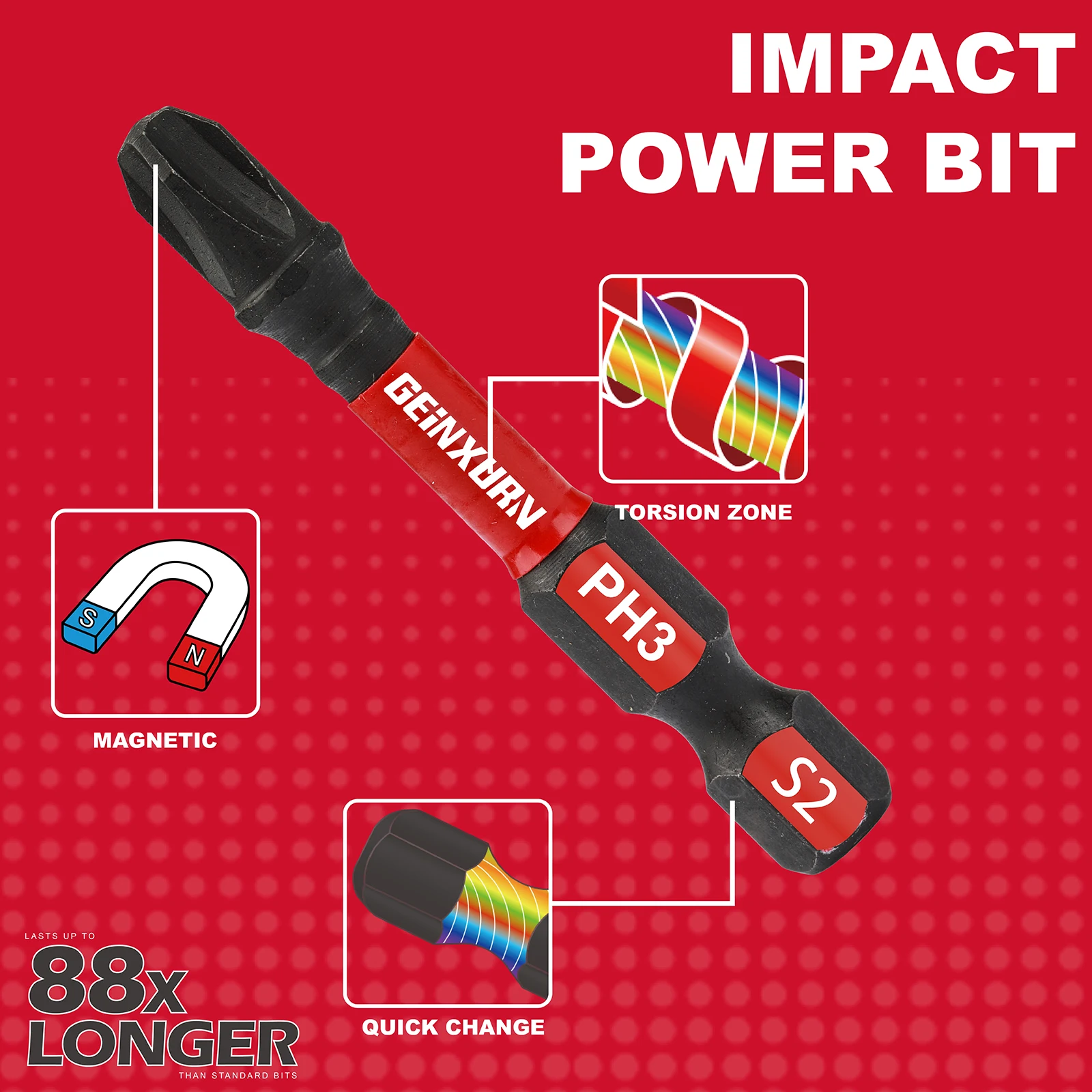 Geinxurn 2 in. Impact Tough #1#2 #3 Phillips Screwdriver Bits Set,S2 Alloy Steel Magnetic Power Bit Set(PH1/PH2/PH3)