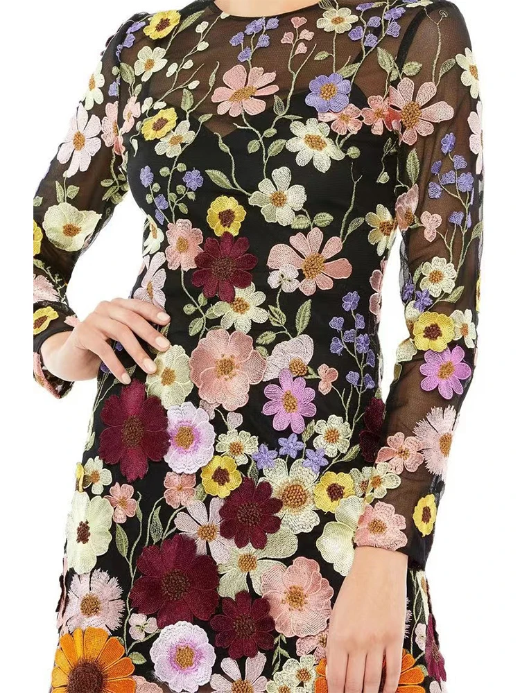 Floral Dress Women Spring 2024 Embroidery 3D Flowers Long Sleeve Evening Party Lady Sexy Mini Dress Half High Collar 43910