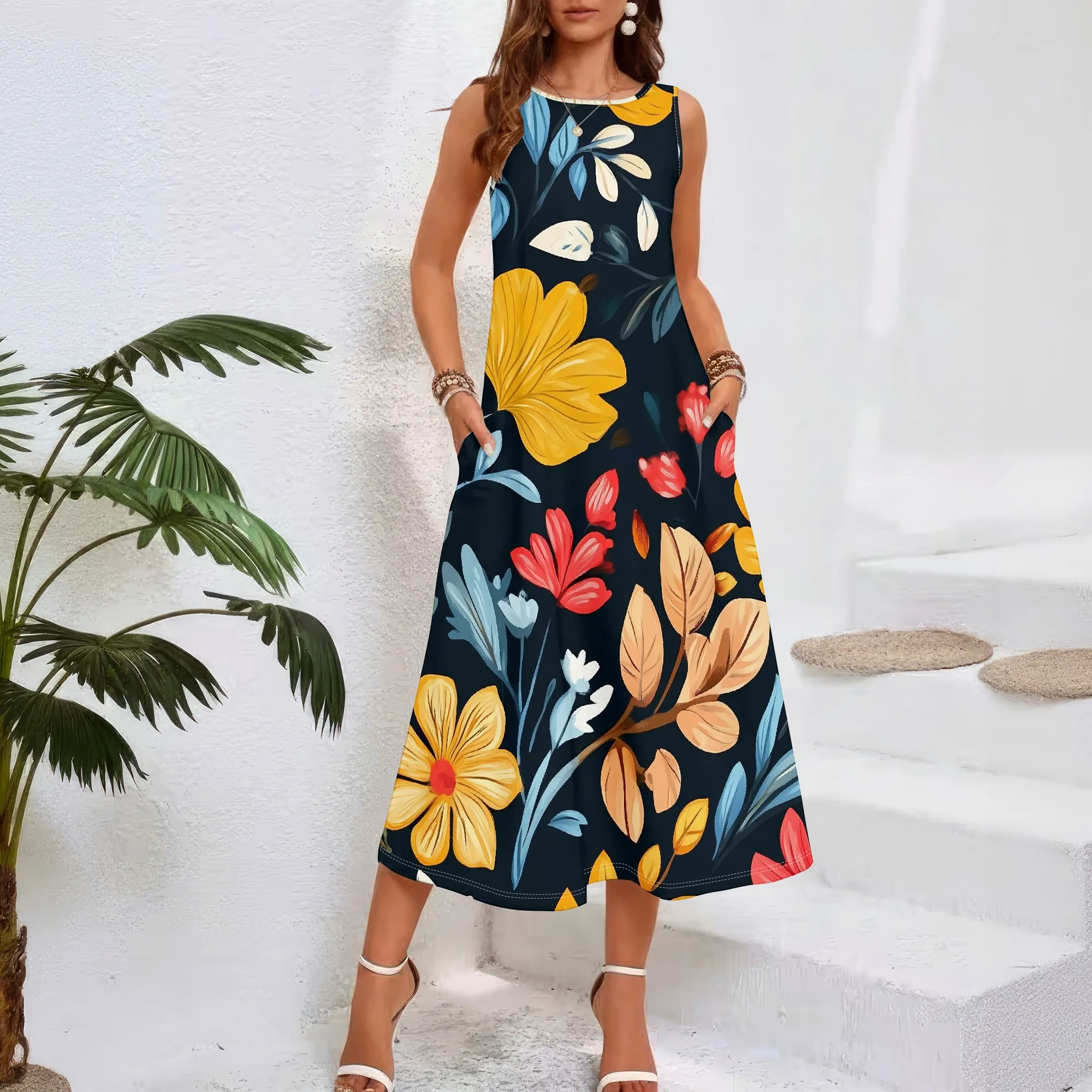 

Women casual loose round neck summer 3D geometric print black style sleeveless large swing dress (pocket)