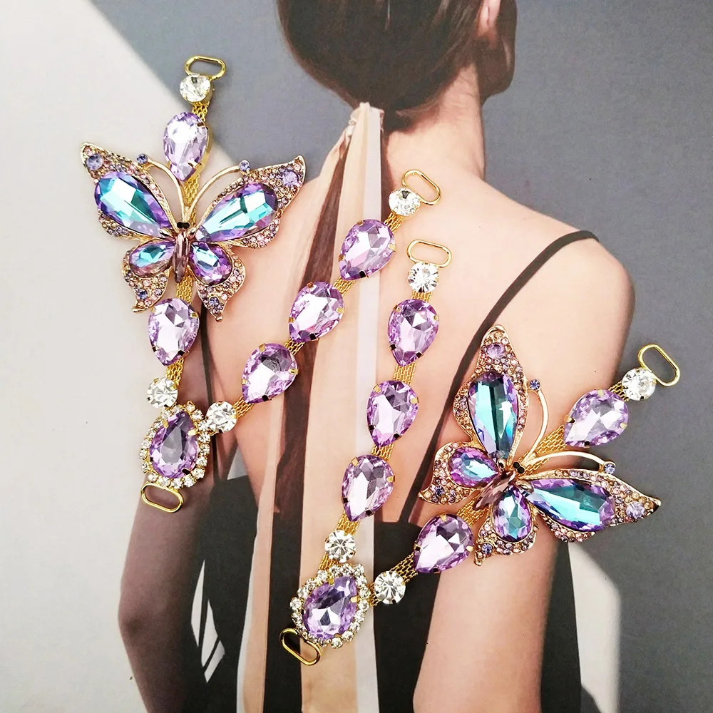 2pcs Crystal Butterfly Rhinestone Shoe Chain Buckle Bikini Flip Flops Connectors Metal Apparel Bags Cap DIY Garment Sewing