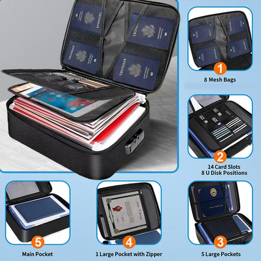 Black Fireproof File Bag with Password Lock - 3-Layer Scratch Resistant Storage Box, Suitable for Laptops,