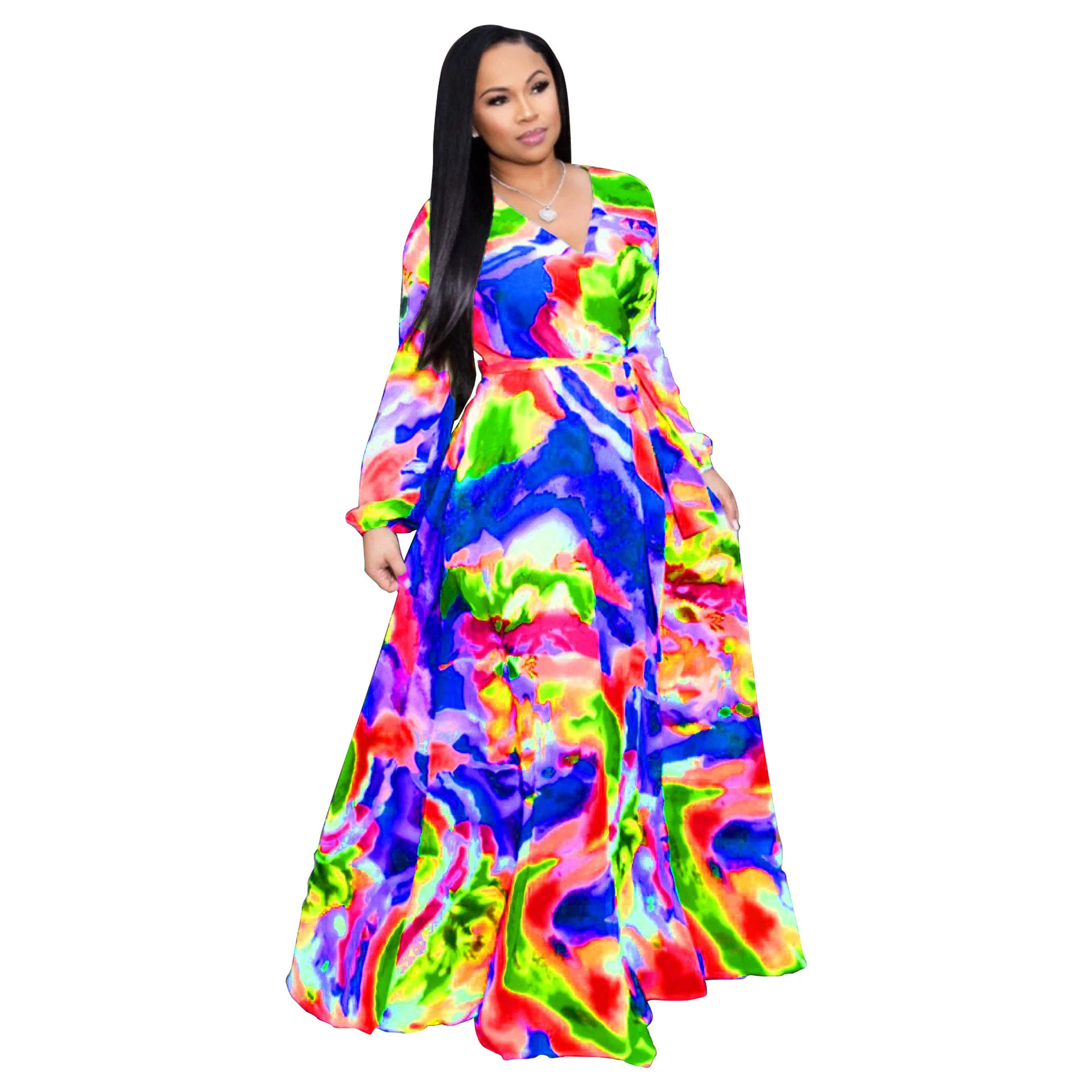 

HAOOHU Women's Print Chiffon Maxi Dress with Belt Bohemian Beach Sexy V-neck Long Sleeve Dress Large Size Women's S-3XL-5XL