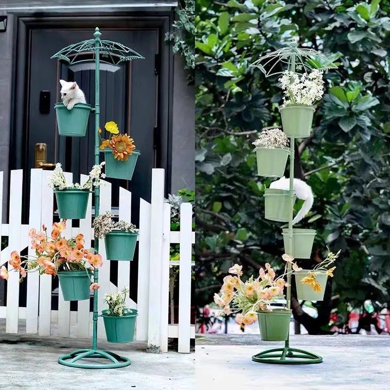 

American Style Tiered Plant Stand Iron Umbrella Flower Holder Multi-Level Balcony Garden Rack Rust-Proof Outdoor Decor for Pots