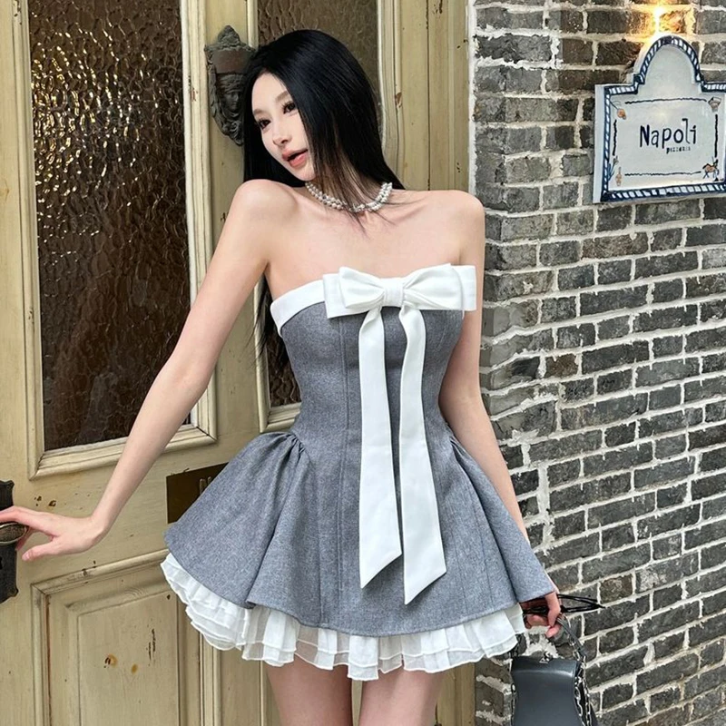 Mulheres sexy fora do ombro mini vestido de verão arco doce arco vestido fino em camadas camada natal festa aniversário noite vestidos