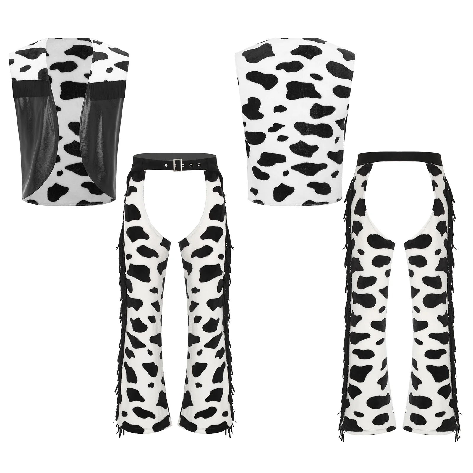 남성용 서부 카우보이 조끼와 차프스 바지, 탱크탑과 크로치 부분이 비어있는 긴 바지, 소 무늬 패턴 세트, 할로윈 파티용