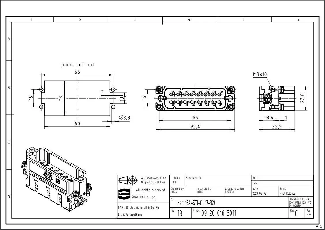 09200163011 Harting Han-16A-STI-C 2-row, 16-way, 32-pin male chip