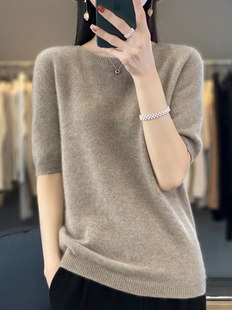 Half Sleeve Cashmere Women Knitted Sweaters 100% Pure Merino Wool Spring Fashion O-Neck Top  Pullover Non-Connect One Line