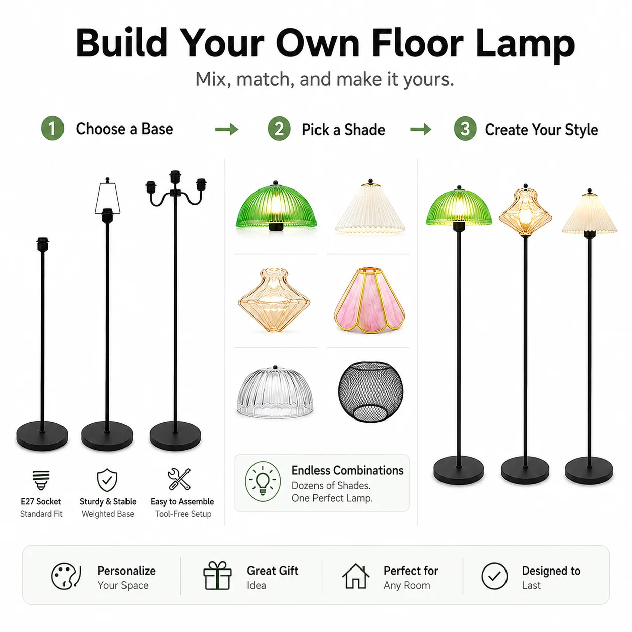 365 Styles DIY Floor Lamp Free Match Glass Lampshade Base Stand Pole Foot Pedal Switch E27 Socket Modern Bedroom Standing Light