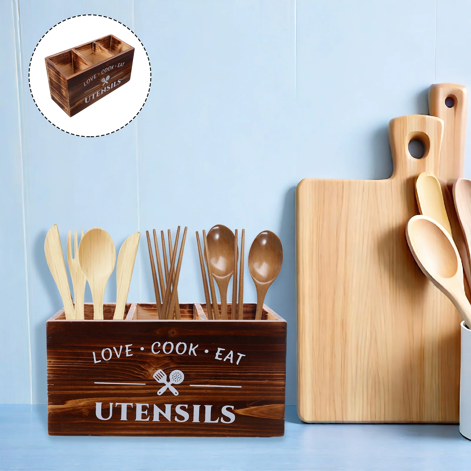 

Wood Utensil Holder Wooden Cutlery Storage Organizer Box for Kitchen Countertop Tableware Spoon Chopstick Flatware Holder