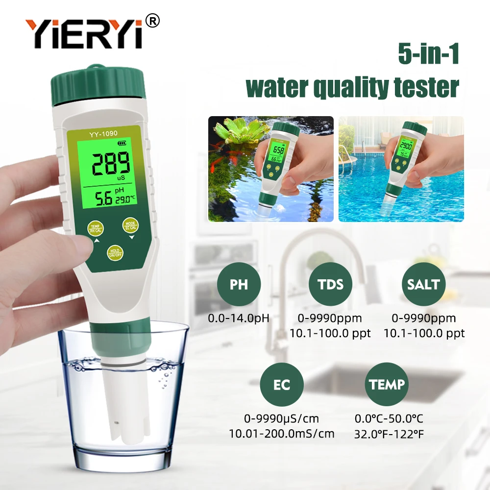 Yieryi-medidor de calidad del agua 5 en 1 de alta precisión, medidor de temperatura, salinidad, TDS, EC, Atc, resistente al agua, para acuario, piscina, hidroponía