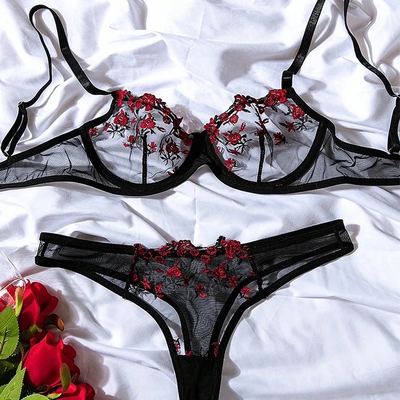 Sexy Women\'s Erotic Underwear Exotic Transparent Bra Sets Embroidered Flowers See Through Push Up Thin Bra Adult Lingerie Suits