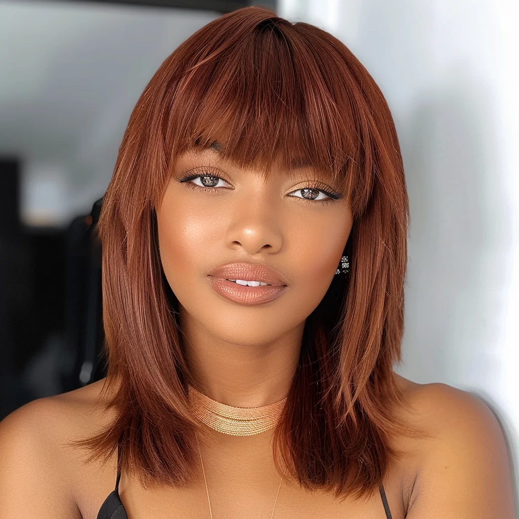 

Reddish Brown Short Bob Wig Yaki Straight Human Hair Wigs For Women Ombre Highlight Brown Brazilian Human Hair Wig With Bangs