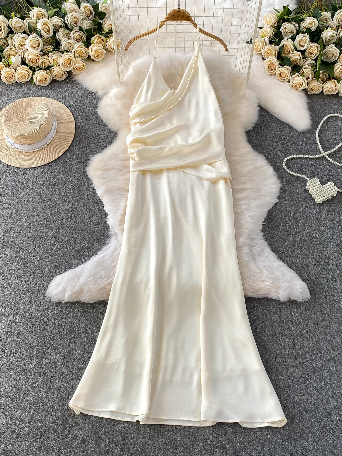 Robe rétro perlée Nelace sans bretelles pour femmes, taille haute, en Satin de soie, Sexy, longue jupe trapèze pour Banquet