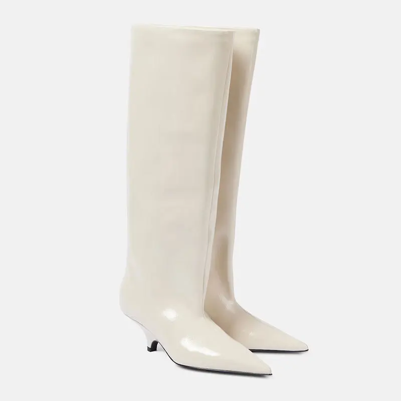 Women Pointed Toe Low Heeled Shoes for Woman's Slip-On Knee High Europe America Botas Mujer 2025 Winter Motorcycle Long Boots