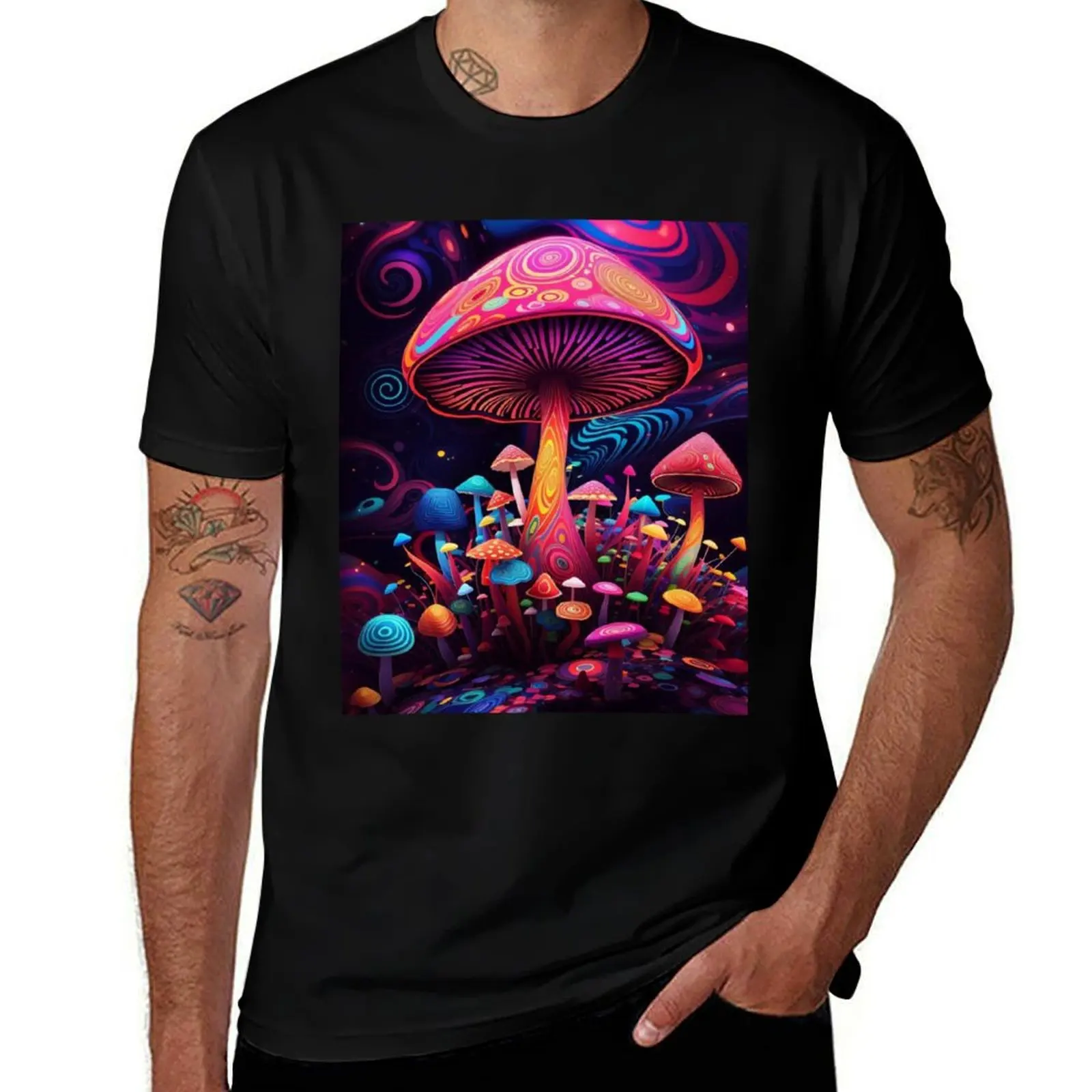 Rainbow Toadstools: Vibrant Mushroom Wonderland T-Shirt Active Sports Short Sleeve Cotton Shirt T-Shirt