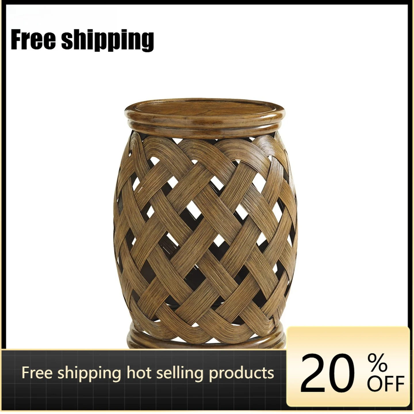 LD retro natural rattan hollow drum-shaped edge few solid wood round small coffee table