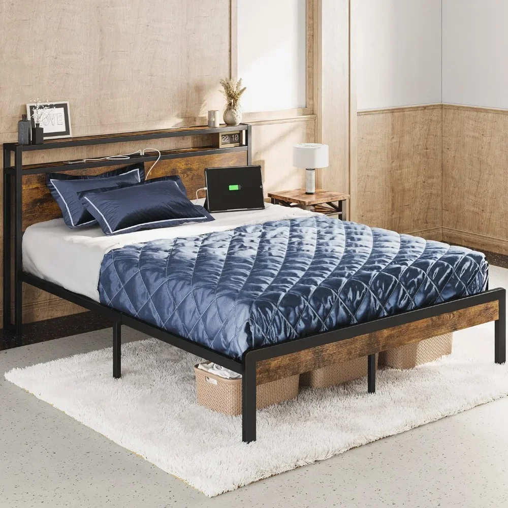 Bed Frame,Platform Bed with 2-Tier Storage Headboard and Power Outlets, USB Ports Charging Station, Sturdy and No Noise