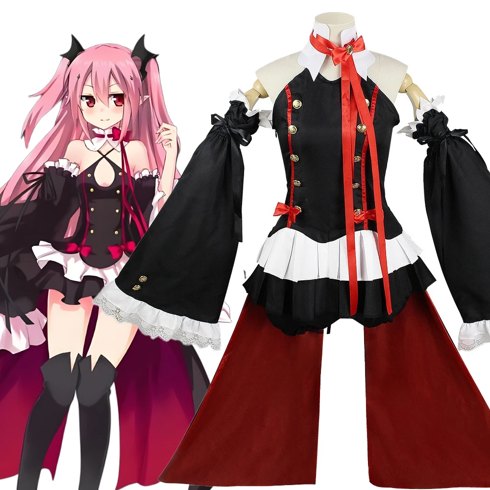 

Anime Seraph of The End Cosplay Krul Tepes Costume Black Backless Dress Flared Sleeves Full Set with Accessory Wig for Halloween