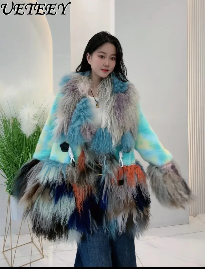 2023 Winter Neue Farbverlauf Faux Pelzmantel Vielseitig Unregelmäßige Blumen Mode Pelz Kragen Stilvolle Mid-länge Jacke für Frauen