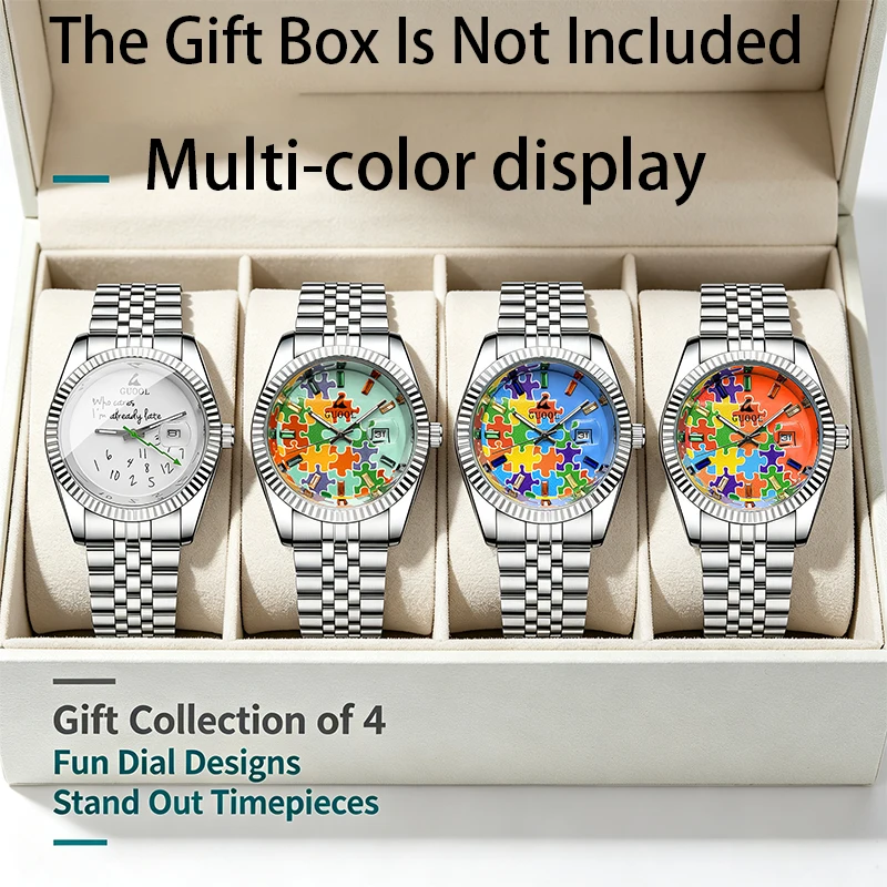 GUOOL Men Quartz Watch Colorful Puzzle Pattern Dial Stainless Steel Band Date Display Fashion Business Wristwatch for Male Gift