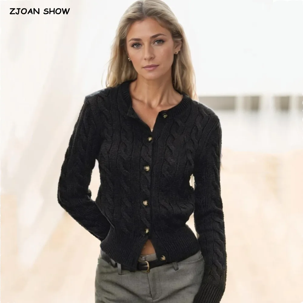 

5 colors Women Round Collar Cable Twist Knitted Cardigan Center Buttons Sweater Full Sleeve Short Jumper CHIC Knitwear Black