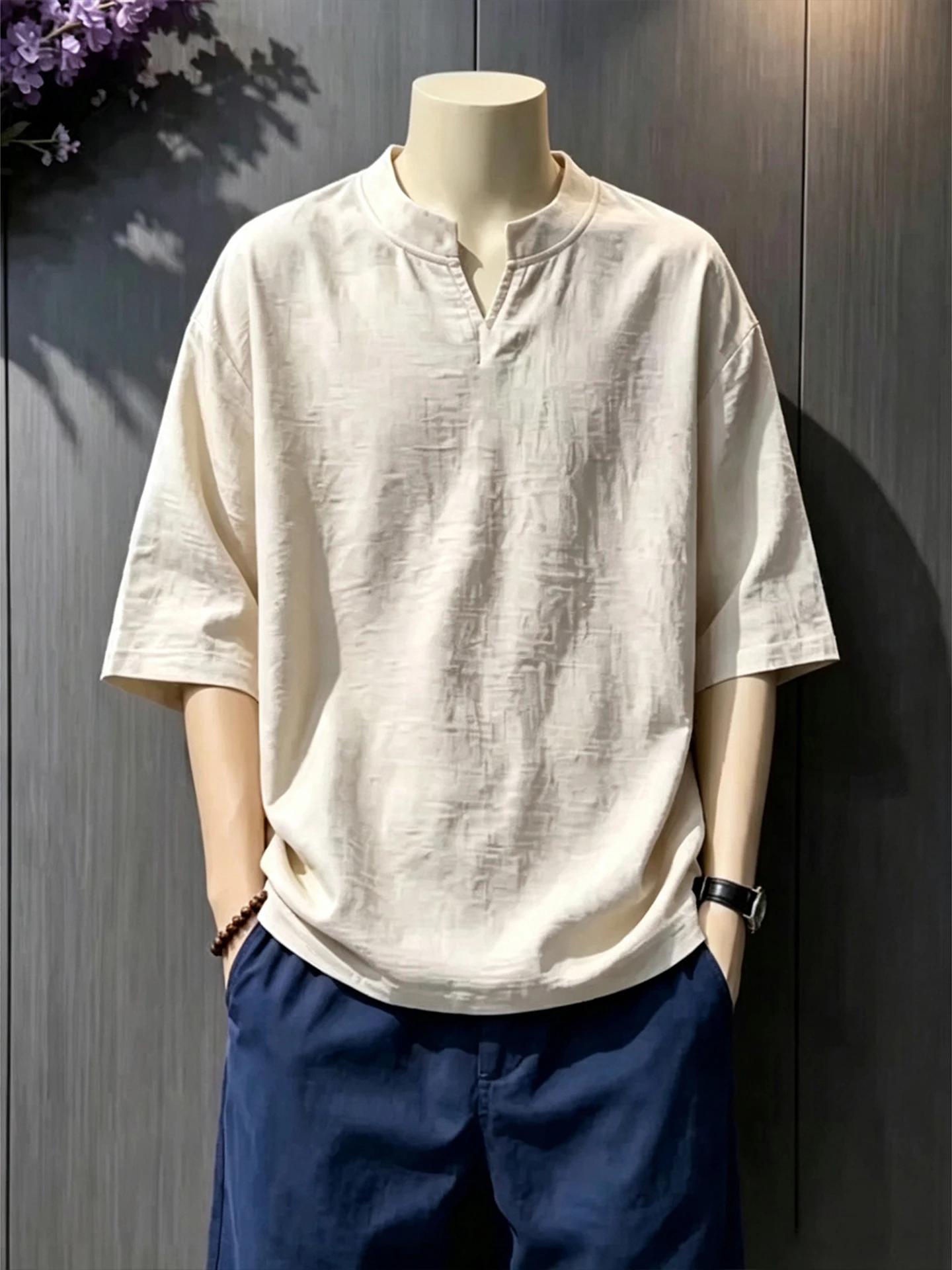 Lightweight Breathable Cool Feeling Quick Dry Men's V-Neck T-Shirt Linen Simulation Summer Short Sleeve Loose Fit Fashionable